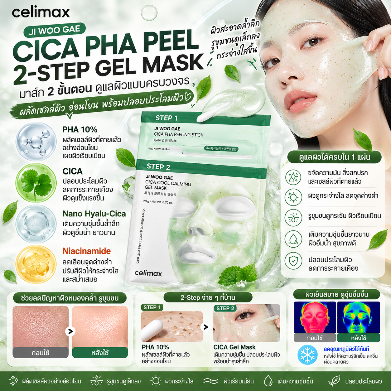 CELIMAX JI WOO GAE CICA PHA PEEL 2-STEP GEL MASK 4 แผ่น 1 กล่อง